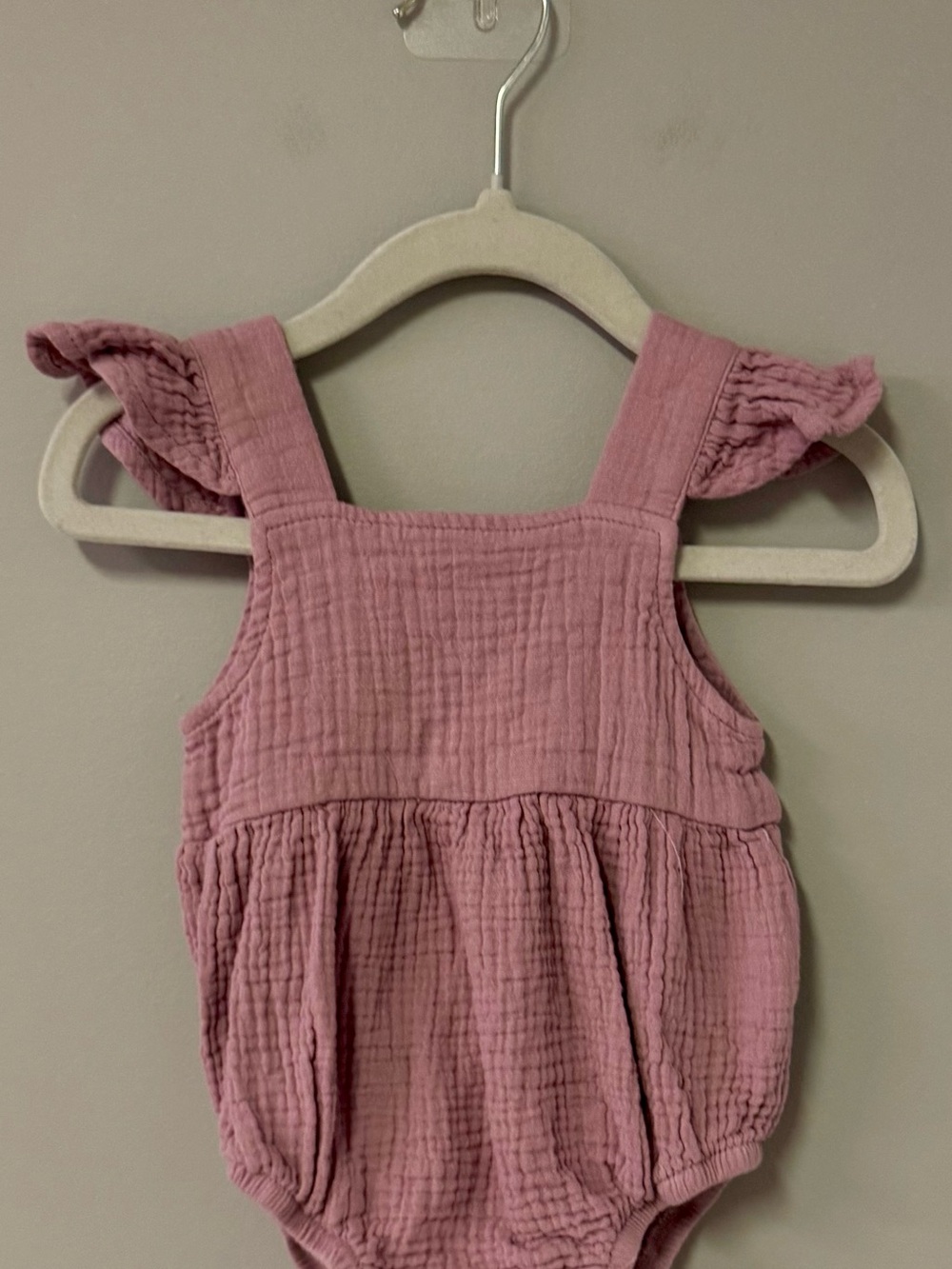 Mauve Pink Textured Cotton Baby Romper with Ruffle Straps